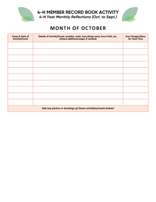 Example sheet for monthly reflection, month of October activities.