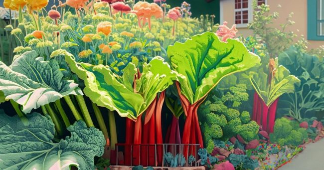 rhubarb grows among other plants in a garden