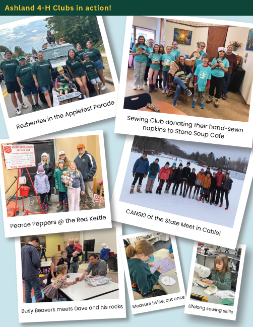 Polaroid-looking photo layout of groups smiling doing activities. One group stands at a parade, one group rings bells for the salvation army, one group is standing in snow.