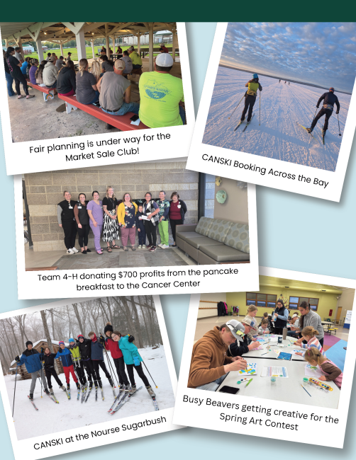 Polaroid-looking photo layout of groups smiling doing activities. One group is donating money to the Cancer Center, one is making watercolor art, one group is sitting at tables outside.