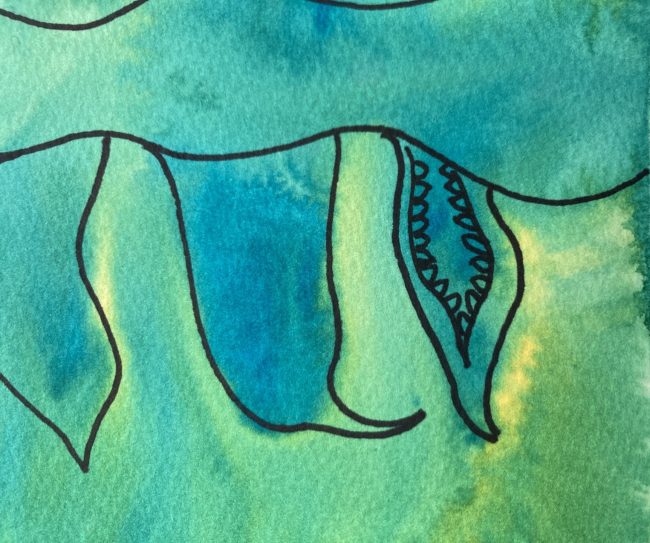 Zoomed in image of black marker drawn over a dried blue and yellow watercolor piece. Some areas are green where the watercolor paints have mixed. The black marker follows the flow of the pigment to make leaf shapes with small details around the edges.