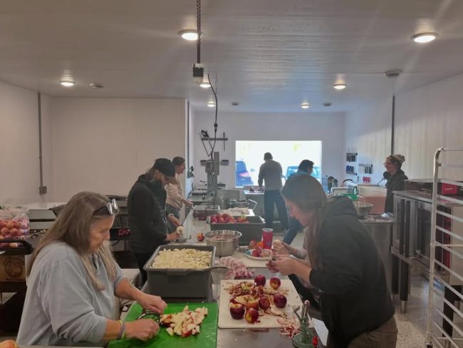 People gather in a kitchen around many apples, peeling and cutting them.